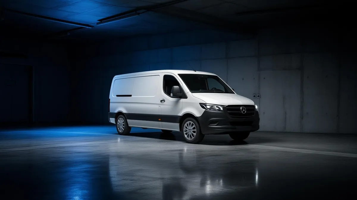 White Sprinter cargo van in concrete loading bay
